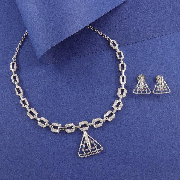 925 Silver Eshita Women Necklace NK-188 with geometric pendant and matching earrings on a blue background